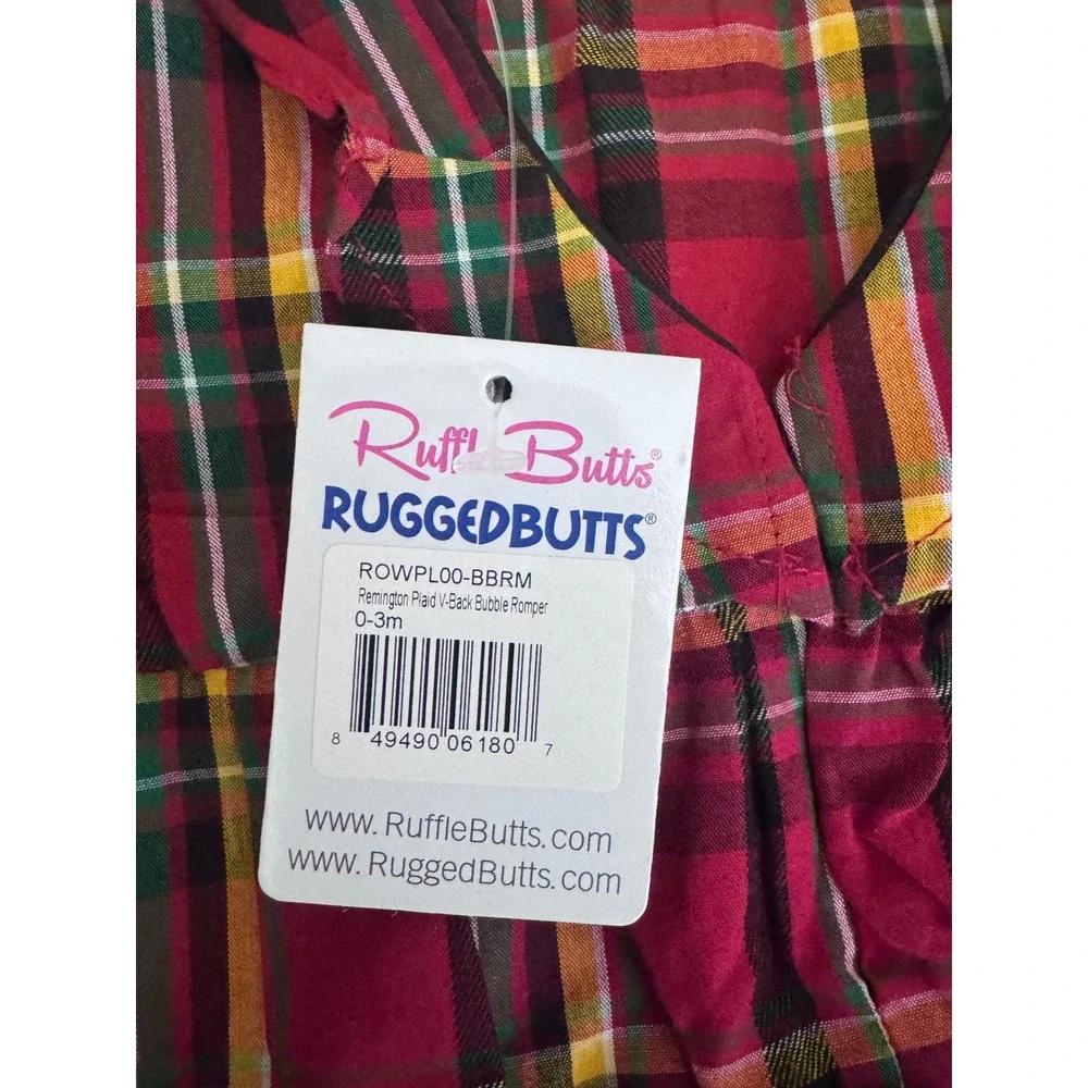 RuffleButts Remington Plaid V-Back Bubble Romper Red Tartan 0-3m ROWPL00-BBRM gf